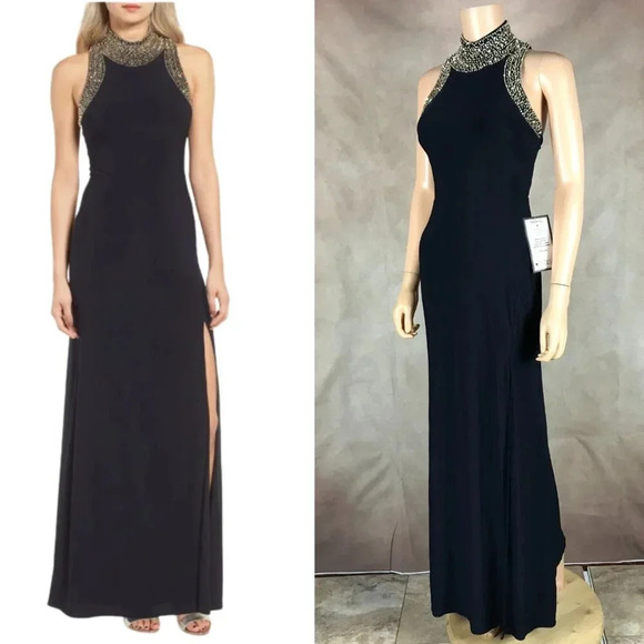 BLONDIE NITES Stretch Knit Navy Blue Gown With Beaded Neck NWT Size 3 - Picture 1 of 9
